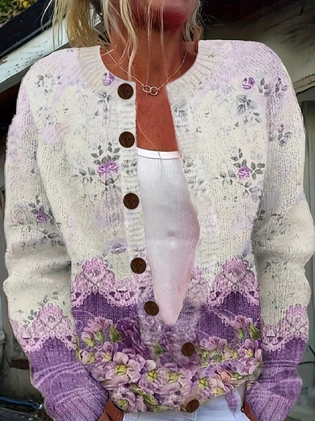 Gilly – Vintage Strickjacke Mit Blumenmuster Und Knöpfen