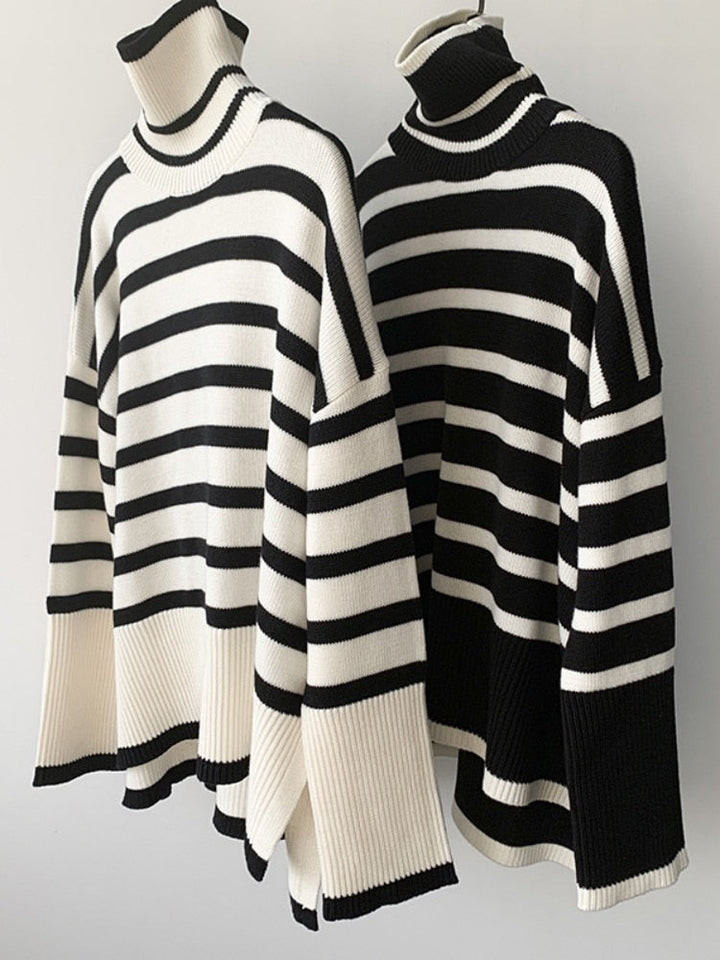 Kynesia - Übergroß Strickpullover Mit Streifenmuster Und Rollkragen