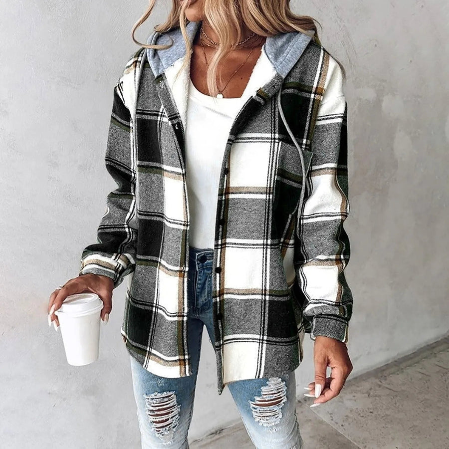 Liene – Karierte Hemd Jacke Mit Kapuze Und Knöpfen