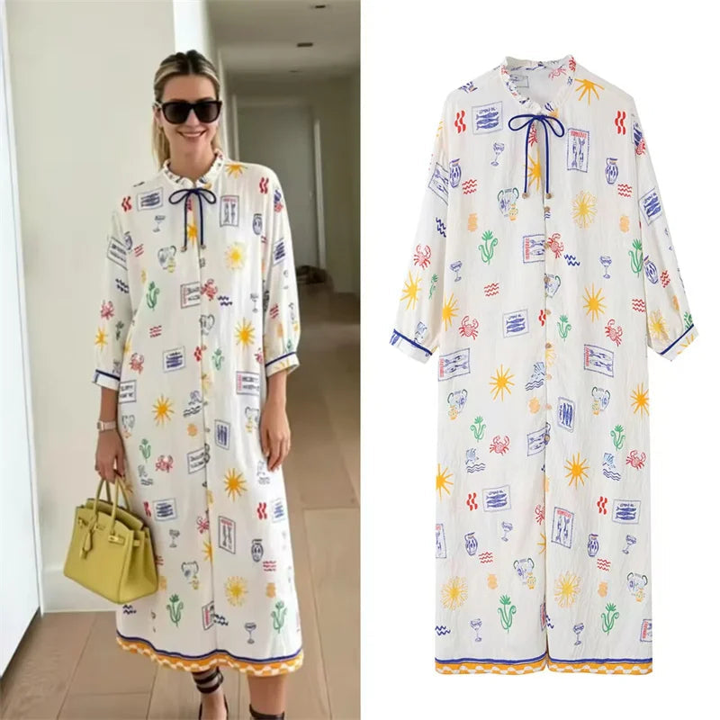 Maris – Langes Kleid mit Print und Ärmeln