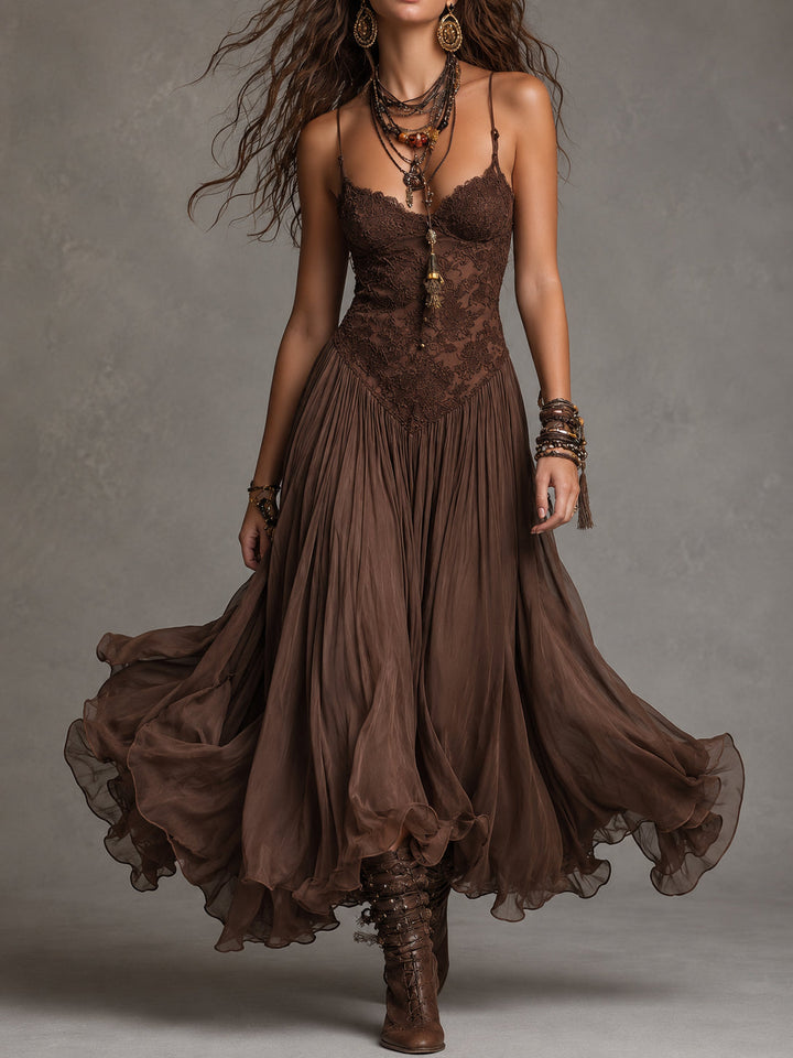 Serisha – Fließendes Maxikleid Mit Spitzenoberteil