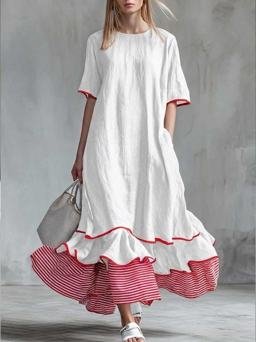 Behice – Langes Kleid MIT Kurzen Ärmeln Und Rot Gestreiften Rüschen