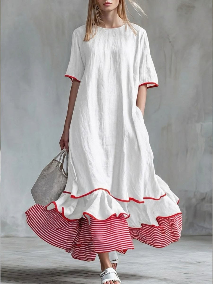 Behice – Langes Kleid MIT Kurzen Ärmeln Und Rot Gestreiften Rüschen