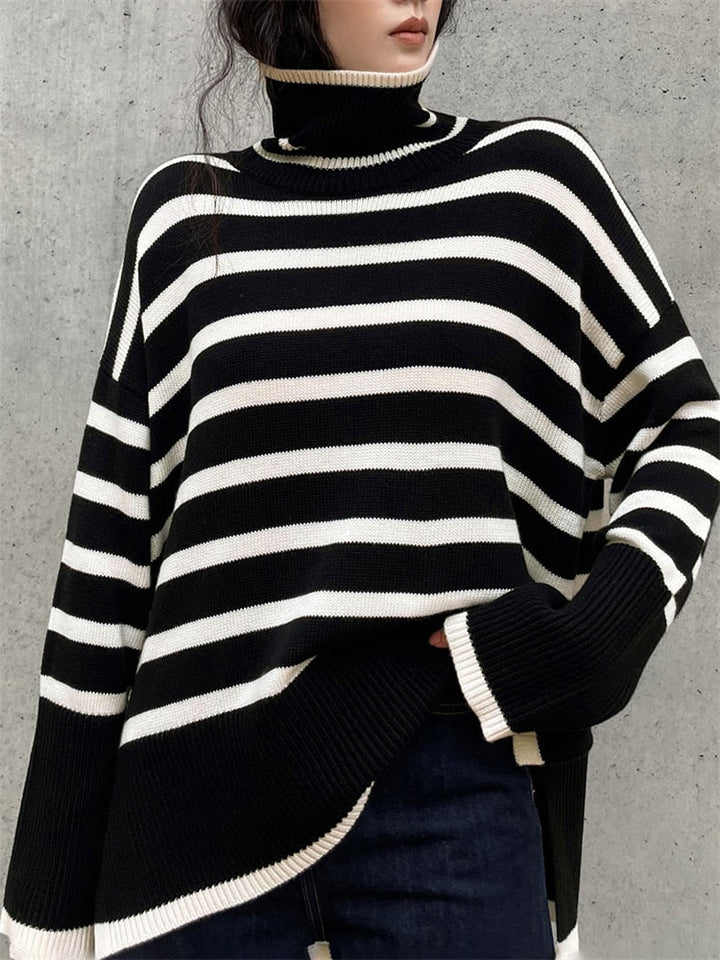 Kynesia - Übergroß Strickpullover Mit Streifenmuster Und Rollkragen