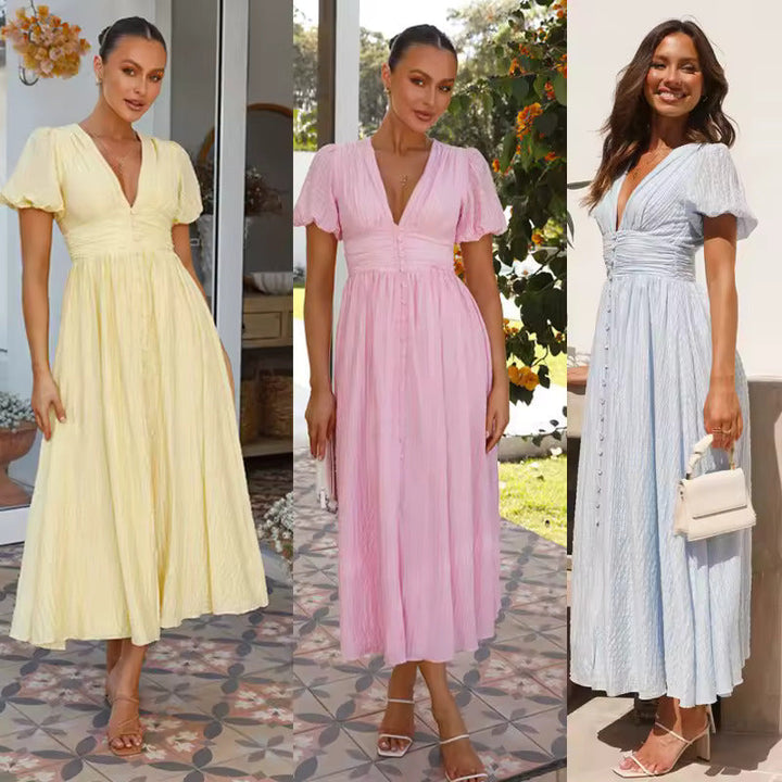 Sneja – Elegantes Knopf Kleid Mit Puffärmeln