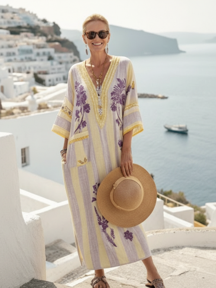 Feryana - Langes Kleid mit V-Ausschnitt Und Gestreiftem Blumenmuster