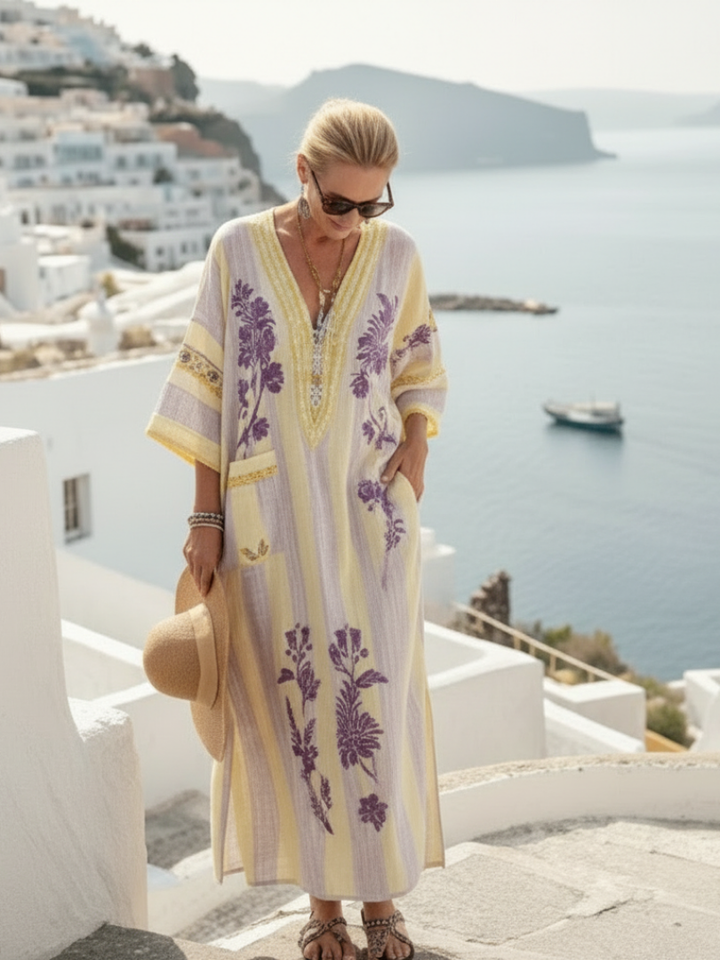 Feryana - Langes Kleid mit V-Ausschnitt Und Gestreiftem Blumenmuster