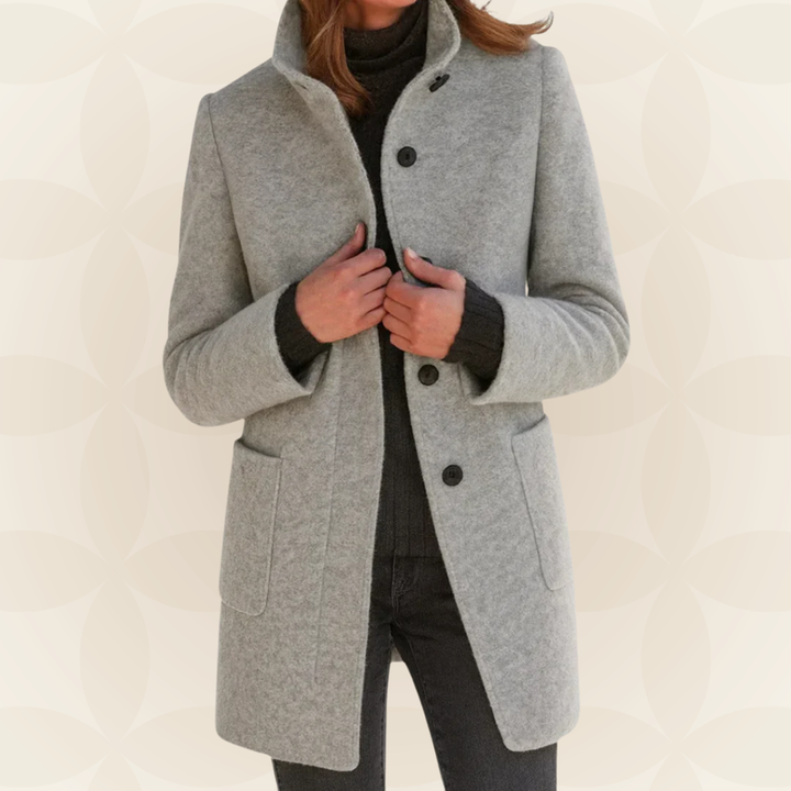 Joclyne – Langarm Mantel mit Hohem Kragen Knopfleiste Und Taschen