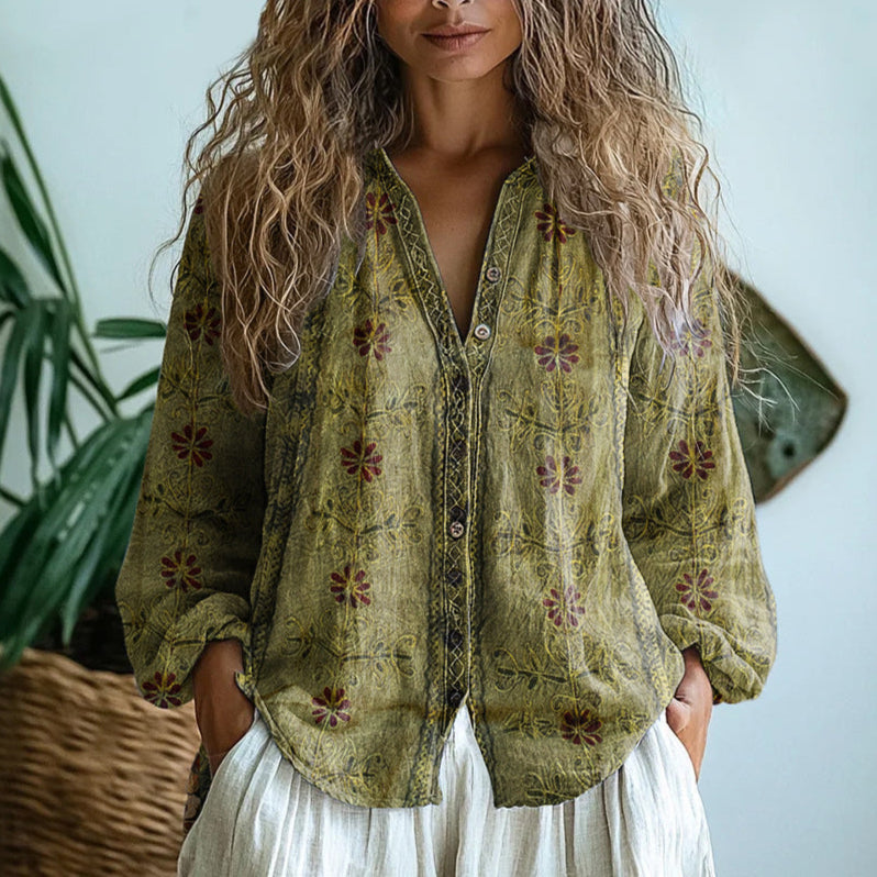 Ereinaa – Elegantes Hemd Mit Vintage-Blattmuster