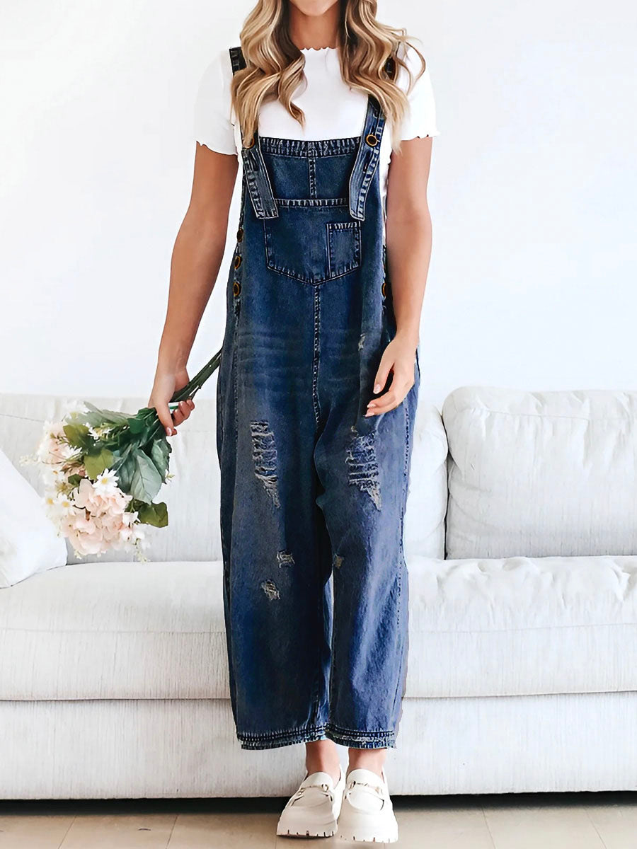 Clarice - Lose Passform Distressed Denim Latzhose