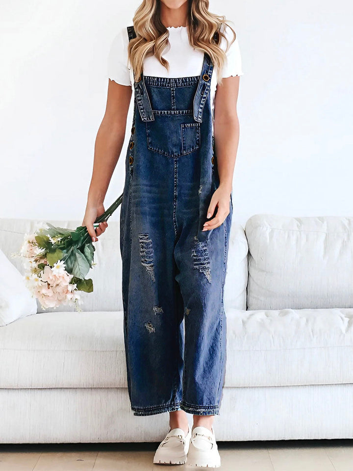 Clarice - Lose Passform Distressed Denim Latzhose
