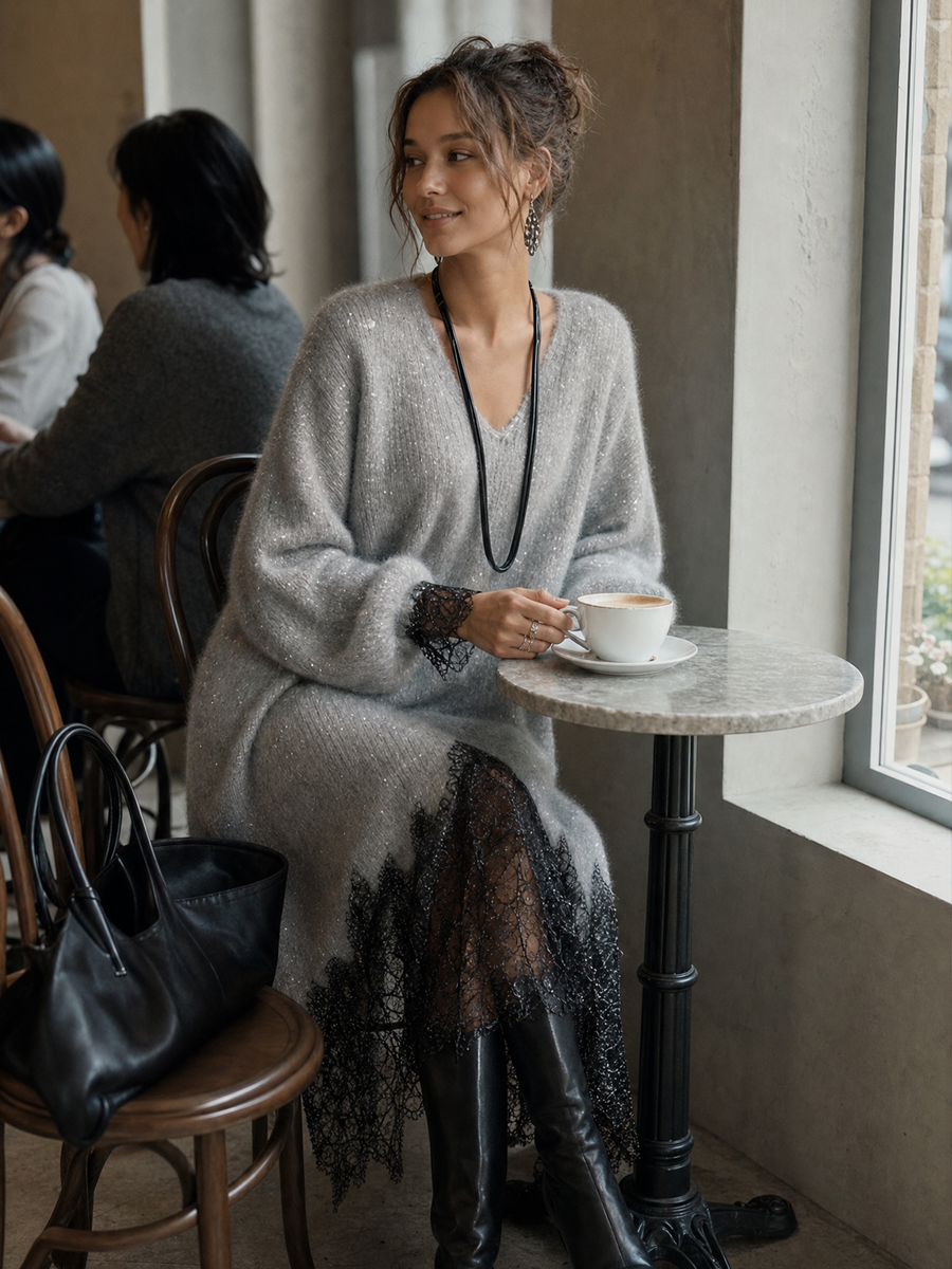 Samyra - Midi Kleid Aus Strick Mit Spitze