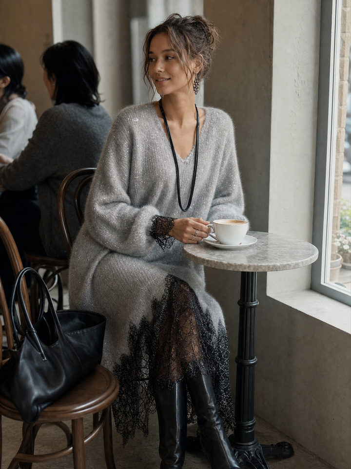 Samyra - Midi Kleid Aus Strick Mit Spitze