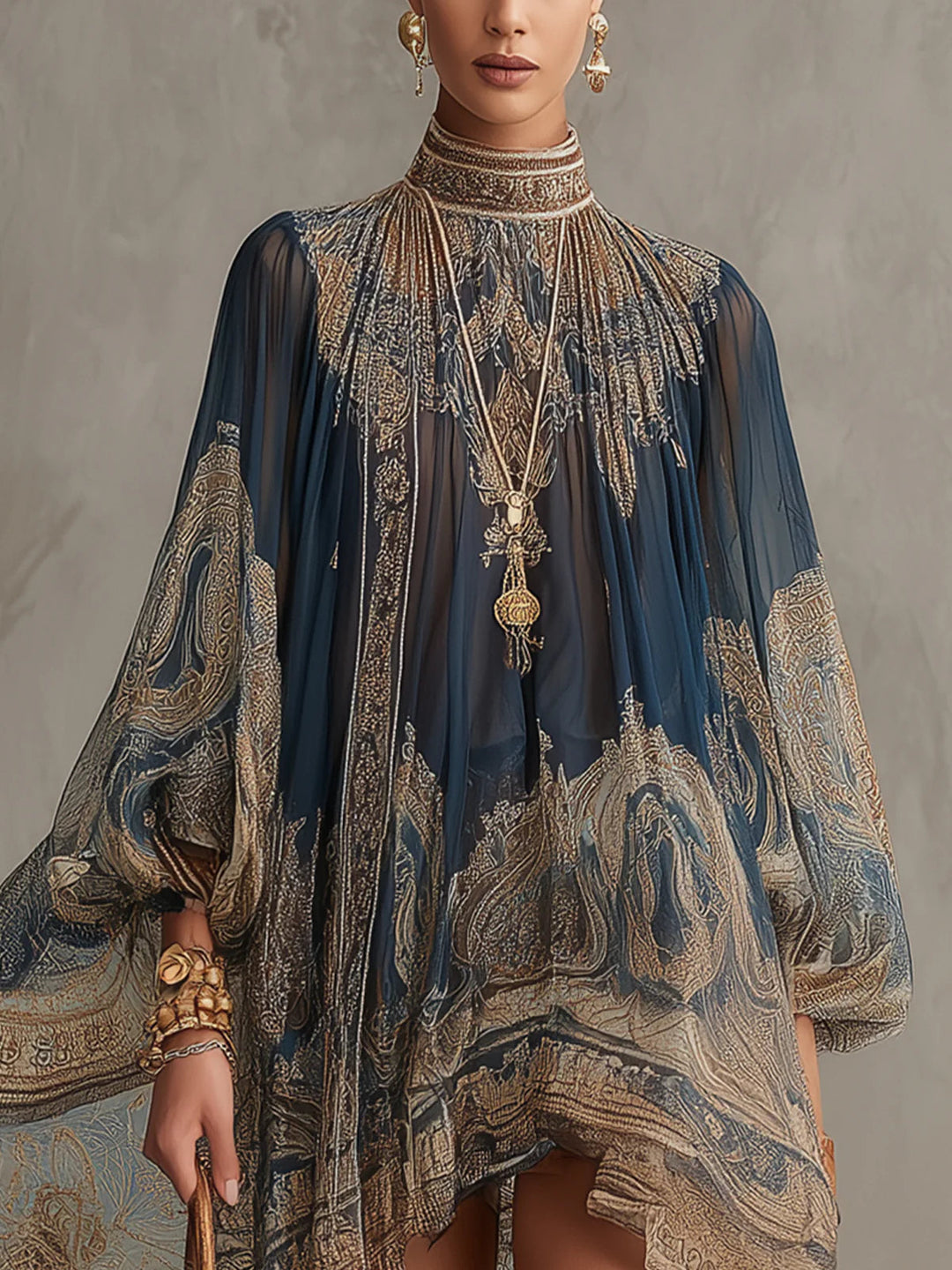 Rhean – Chiffon Minikleid mit goldenem Barock Drucken