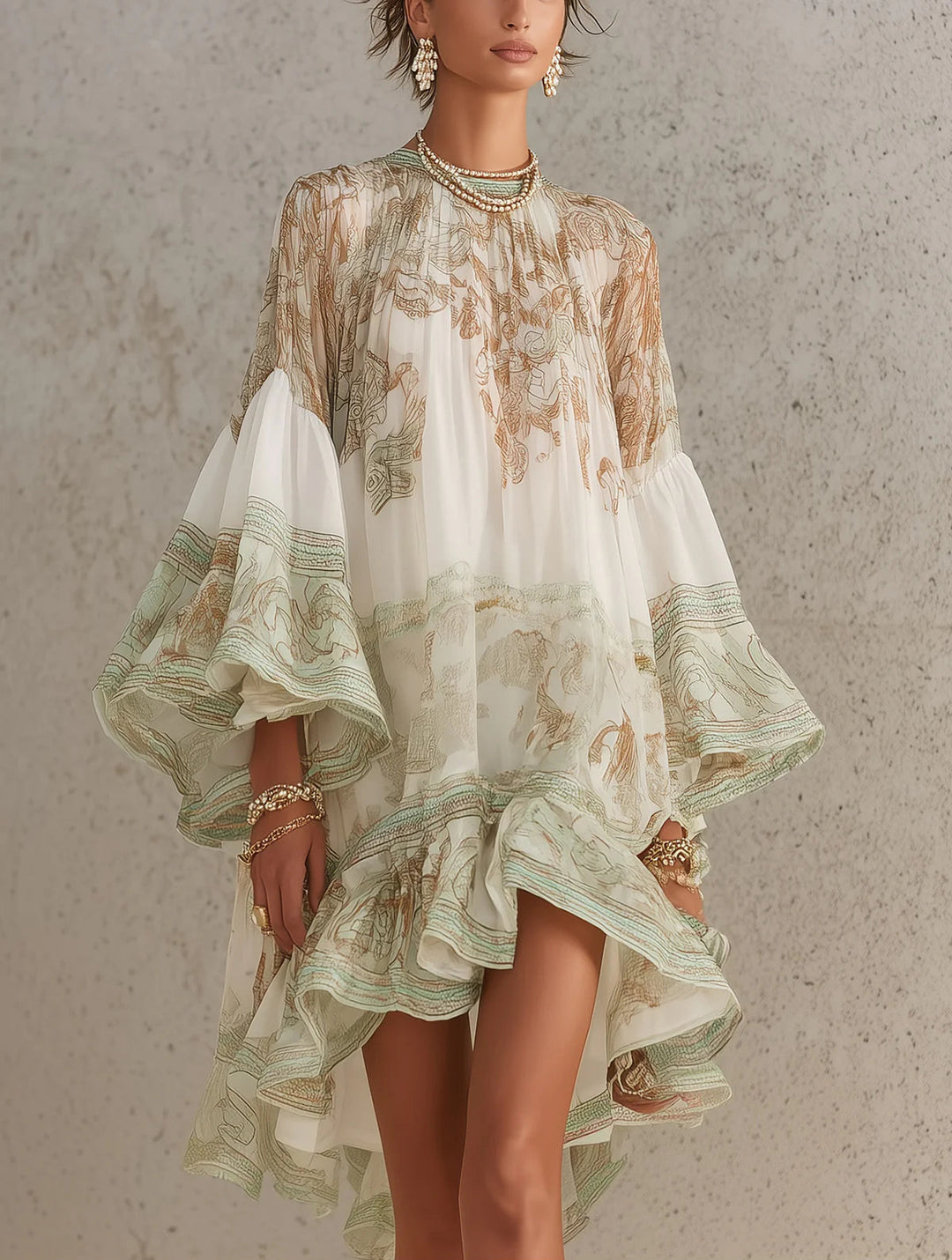 Reba – Minikleid aus Chiffon mit Barockmuster und kaskadenförmigen Rüschen