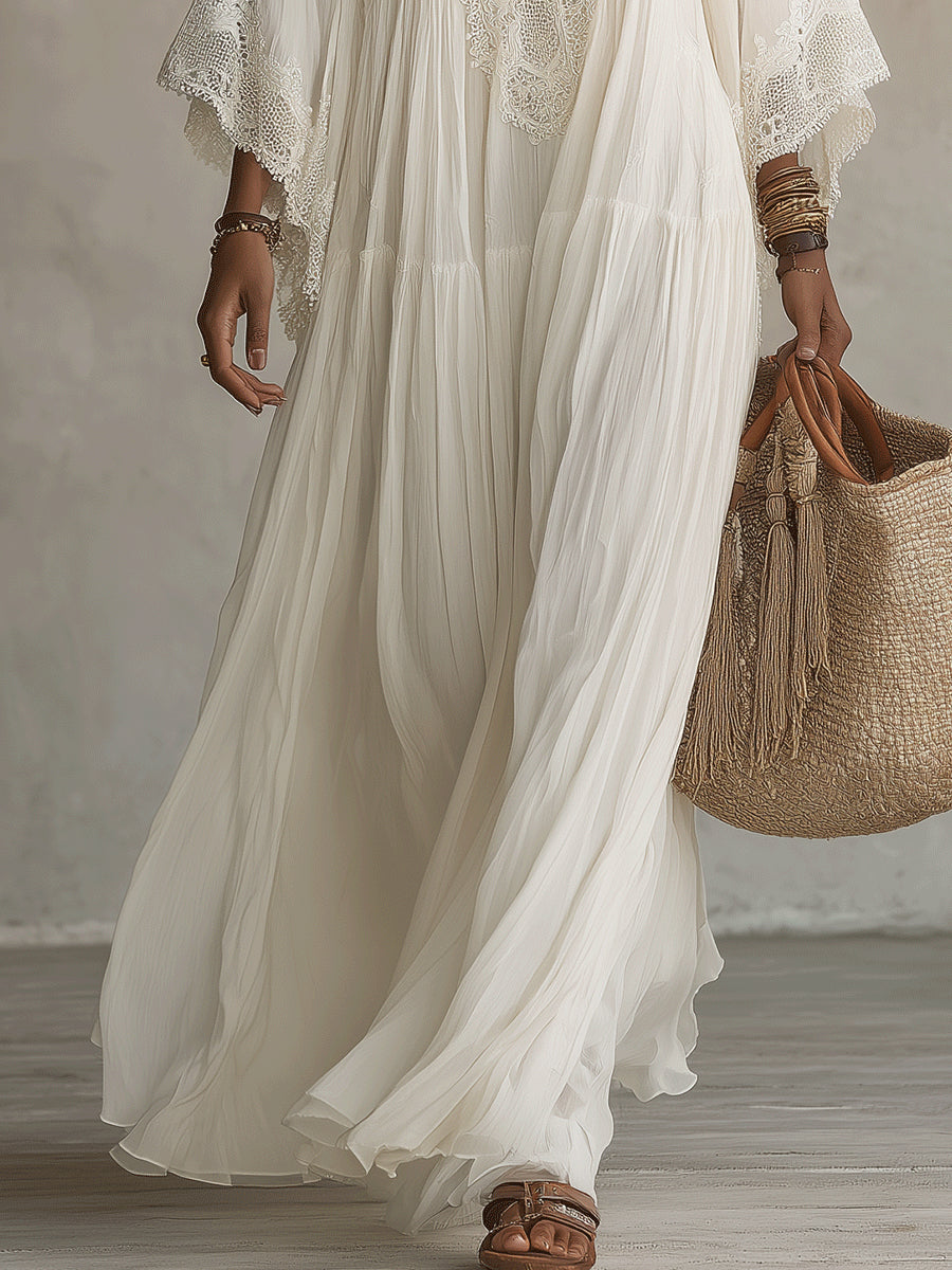 Shimmila – Maxikleid aus Chiffon mit Fledermausärmeln und Spitze