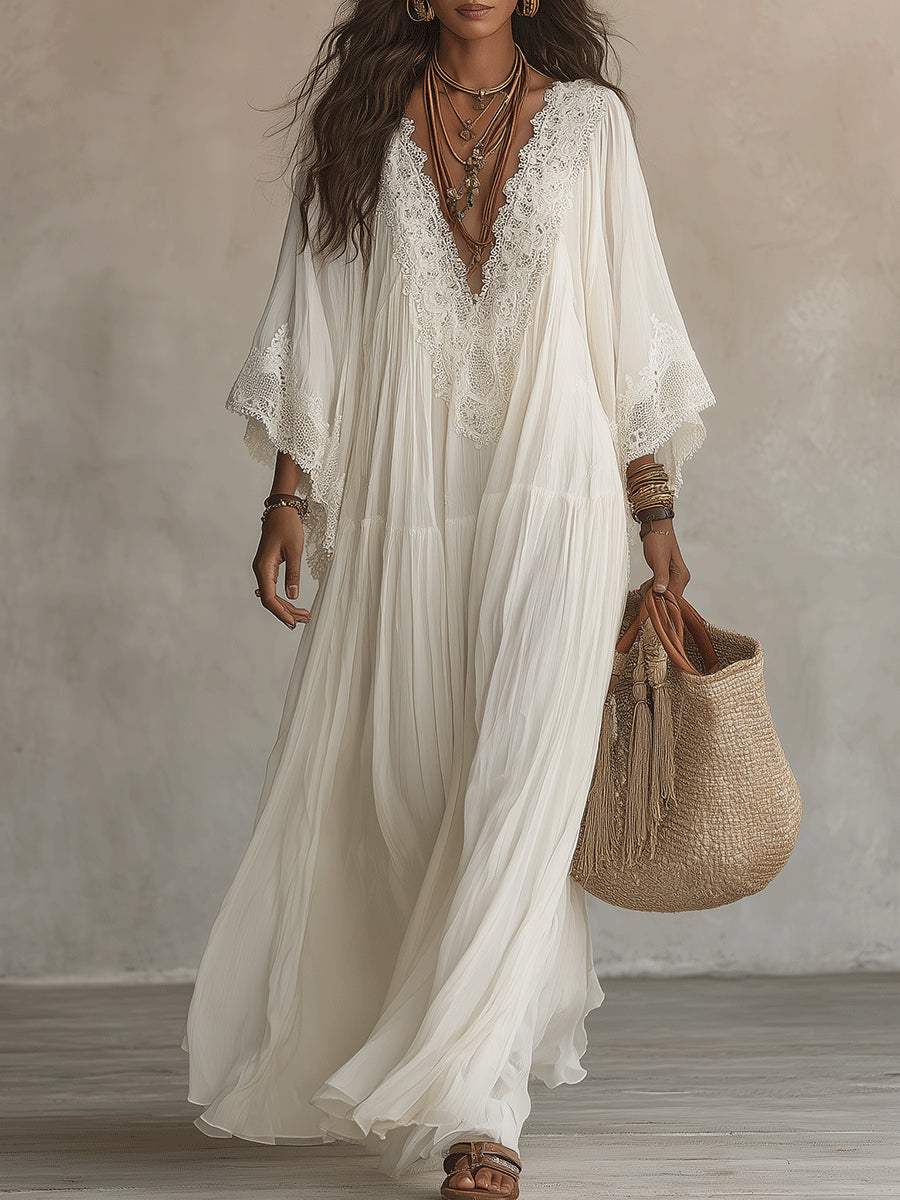 Ainura - Langes Kleid Aus Elfenbeinfarbenem Chiffon Und Spitze