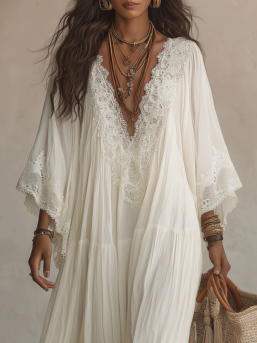 Shimmila – Maxikleid aus Chiffon mit Fledermausärmeln und Spitze