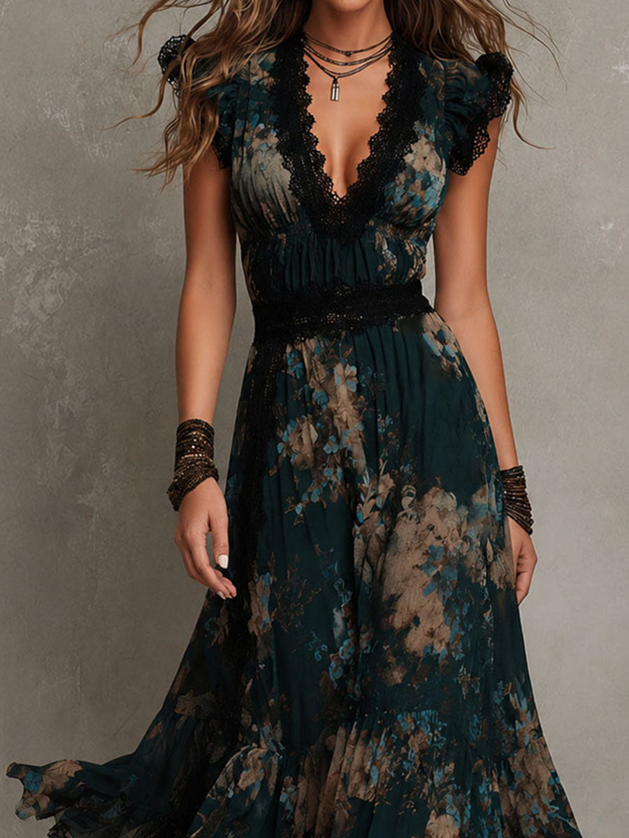 Alime – Maxikleid mit floralen Spitzenbesätzen