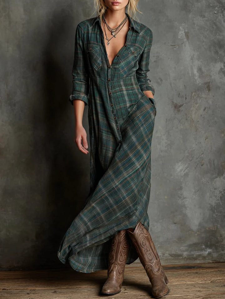 Jaelyn – Maxi Kleid Mit Grün Kariertem Revers