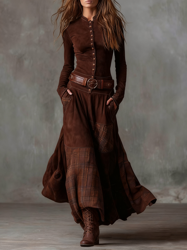 Fringilla – Langes Vintage Kleid Aus Wildleder Mit Karomuster