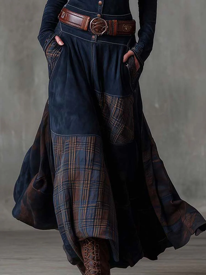 Fringilla – Langes Vintage Kleid Aus Wildleder Mit Karomuster