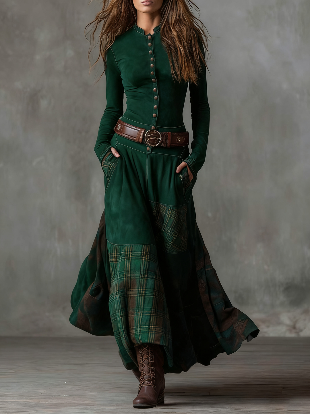 Fringilla – Langes Vintage Kleid Aus Wildleder Mit Karomuster