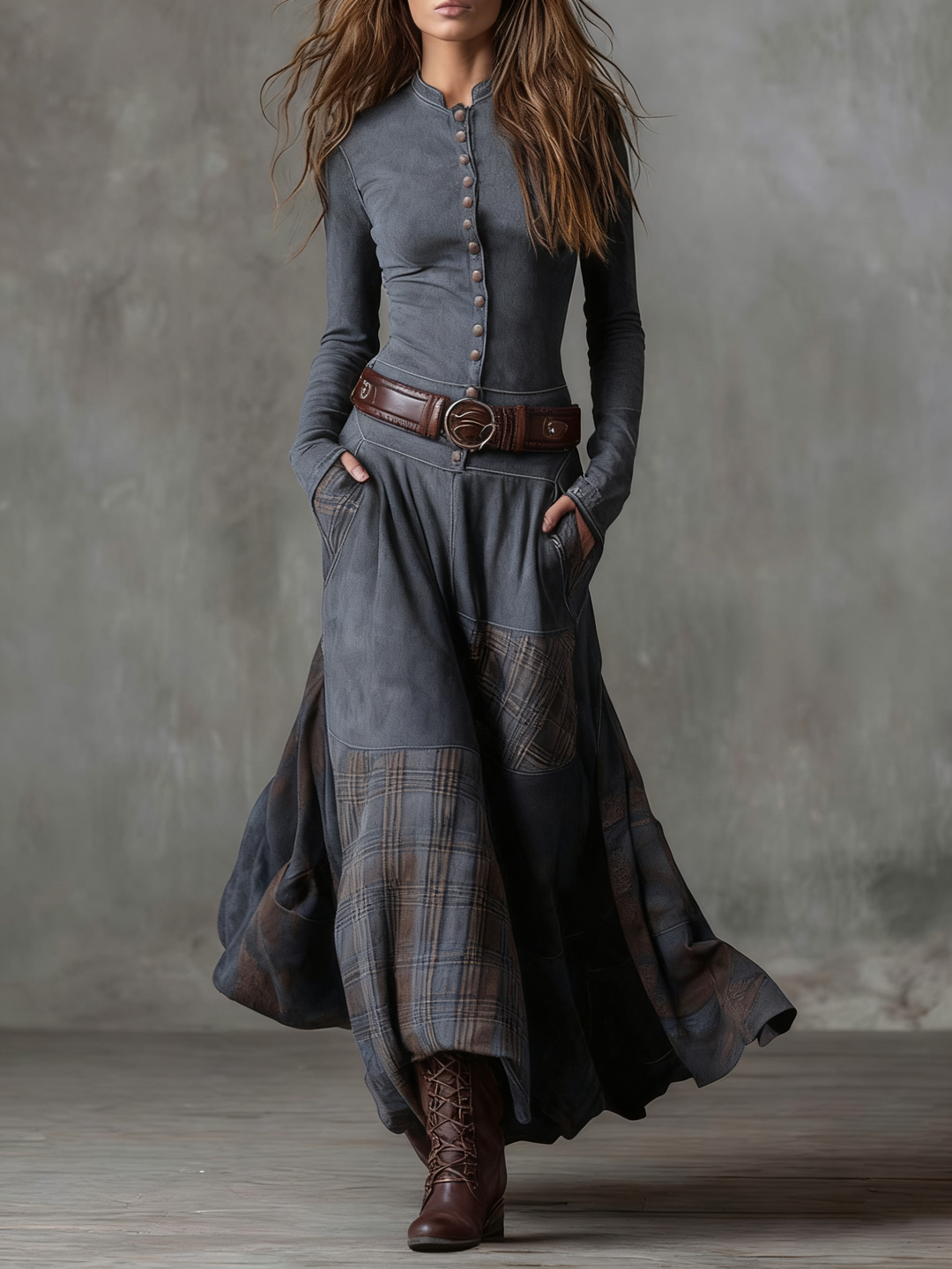 Fringilla – Langes Vintage Kleid Aus Wildleder Mit Karomuster