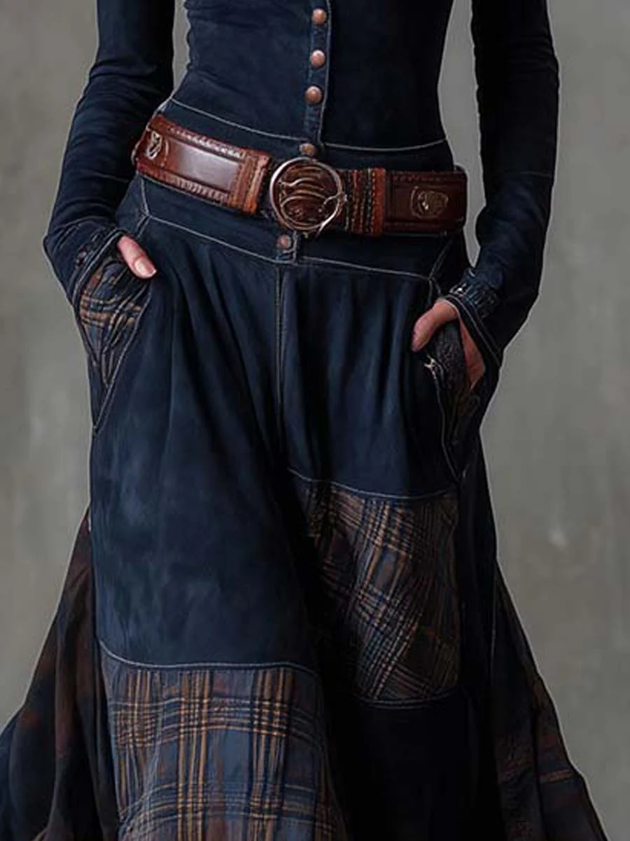 Eleza – Maxikleid Aus Kariertem Wildleder Mit Gürtel