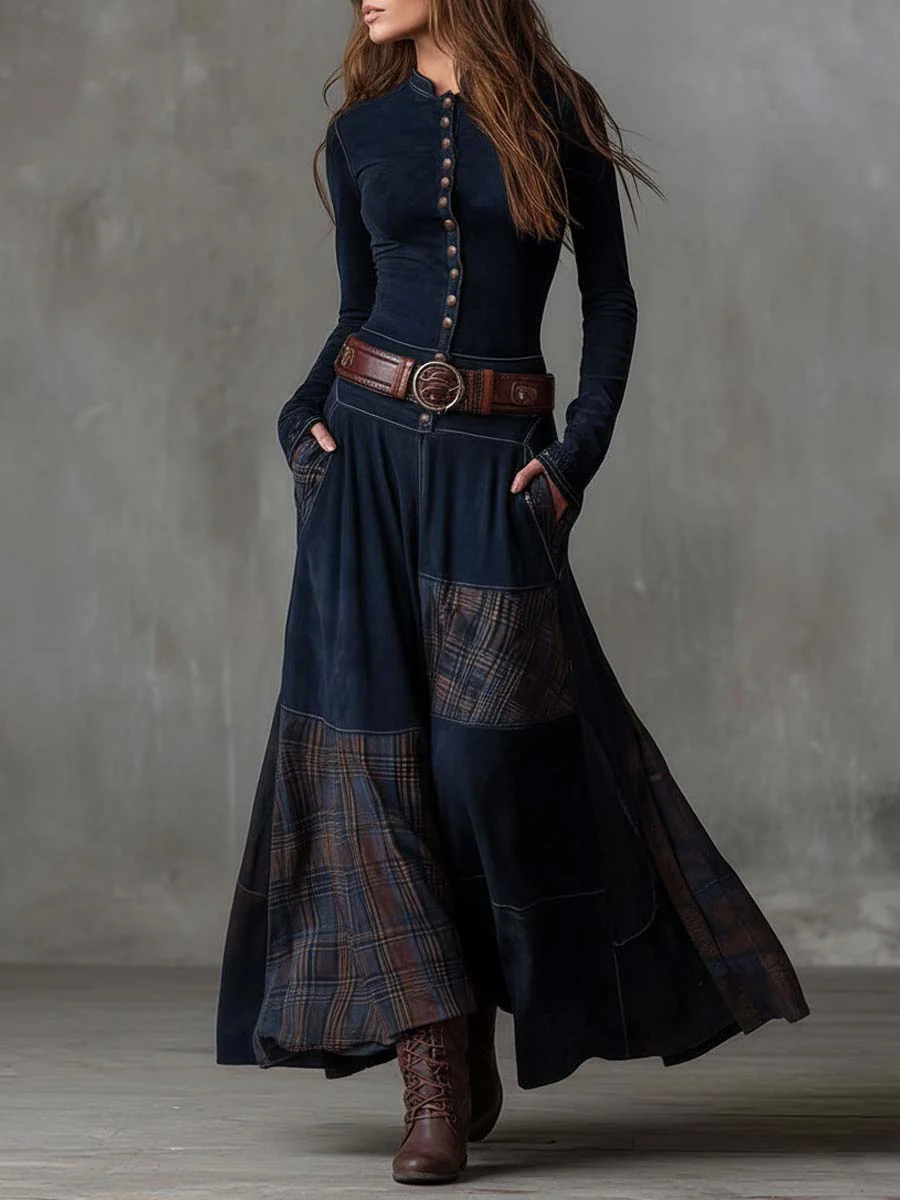 Fringilla – Langes Vintage Kleid Aus Wildleder Mit Karomuster