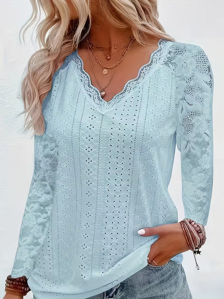 Shaleva - Stylisches Langarm Shirt Mit Spitzen V-Ausschnitt