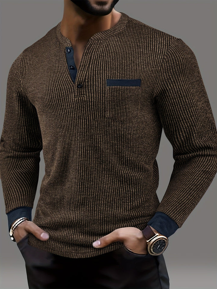 Deegan - Textured Striped Collar Long Sleeve Henley Shirt