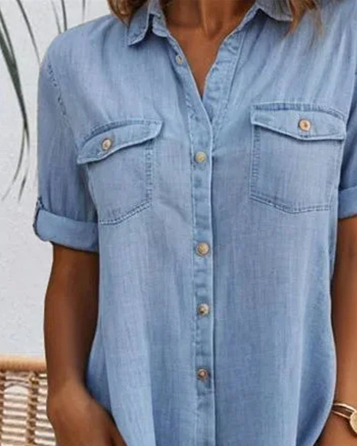 Sveta - Kurzärmeliges Denim-Kleid mit Knopfleiste