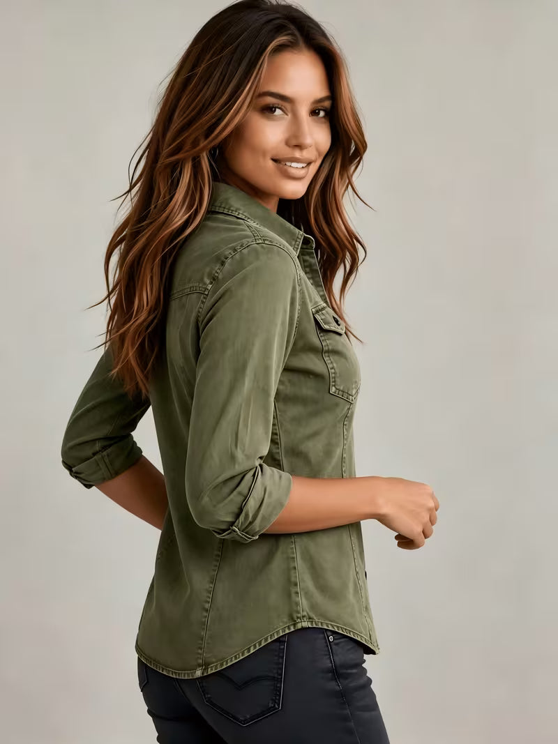 Rihana – Top Aus Vintage Denim mit Gerafftem Kragen