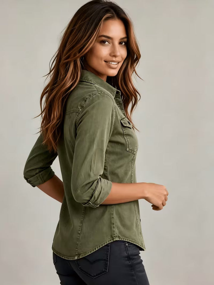 Rihana – Top Aus Vintage Denim mit Gerafftem Kragen