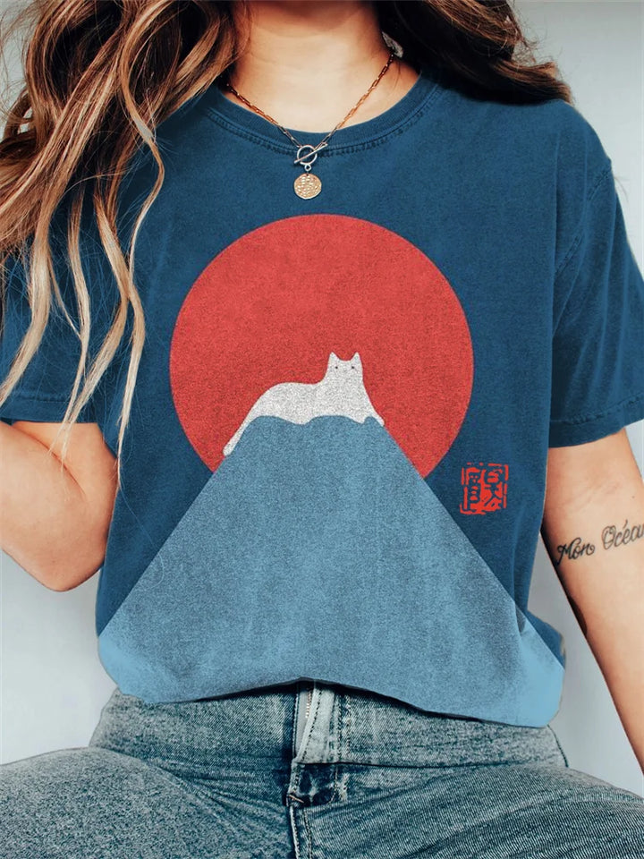 Evelyn™ - Weiße Katze Schnee auf dem Berg Fuji Vintage T Shirt