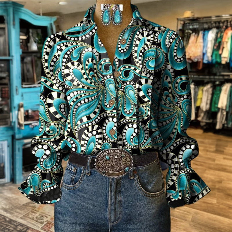 Visenya – Vintage Bluse Mit Abstraktem Drucken