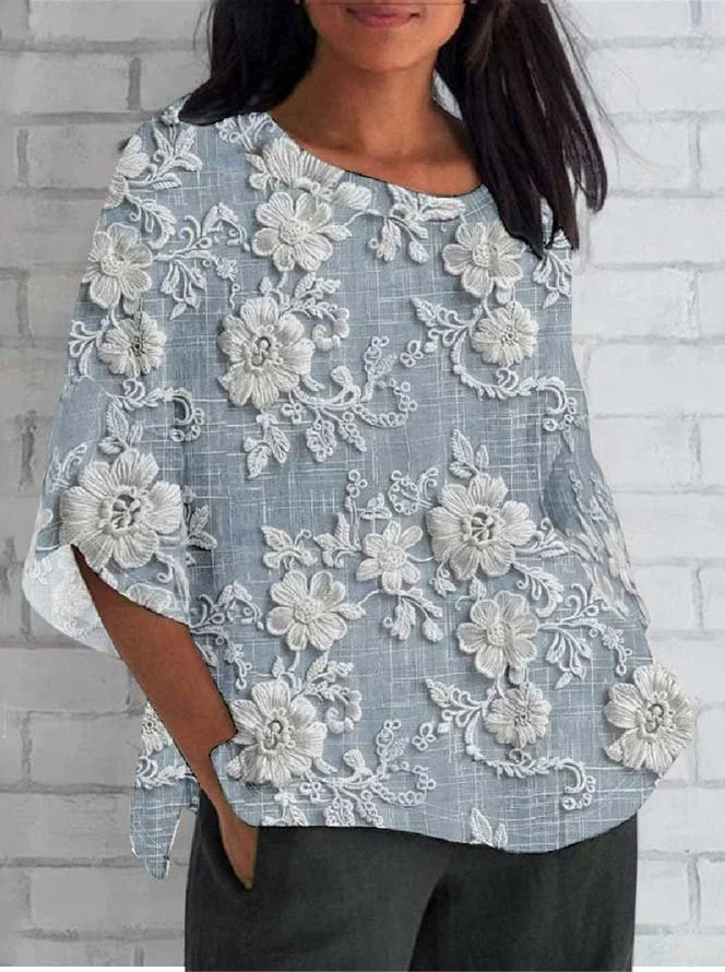 Shirin – Vintage-Bluse aus Leinen und Spitze mit Blumenmuster