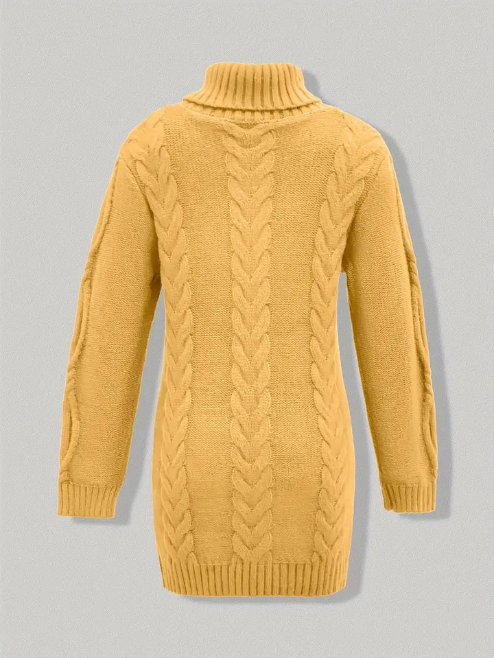 Narda - Klobig Kabel Gestrickt Rollkragen Kleid