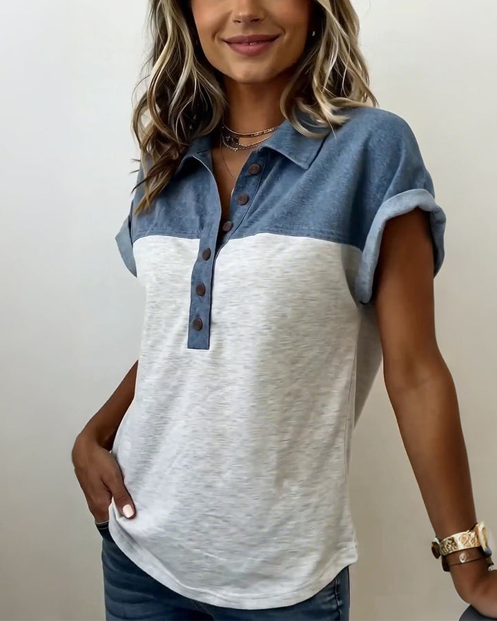 Myleena - Patchwork-T-Shirt Mit Umlegekragen