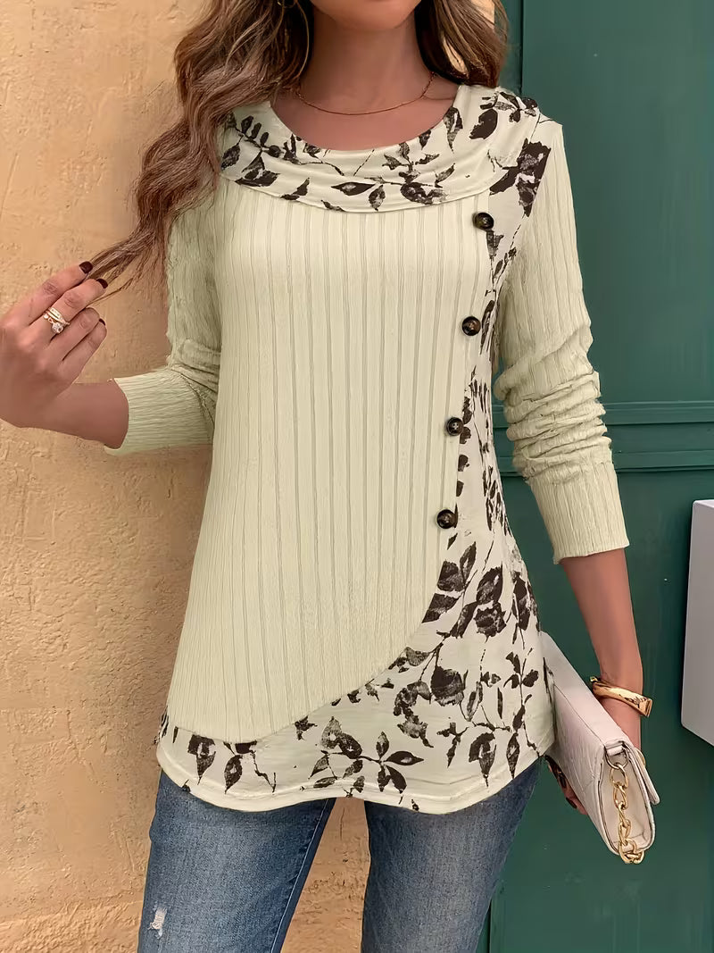 Lucynda – Geripptes Langarm Oberteil mit Print und Knopfdetails