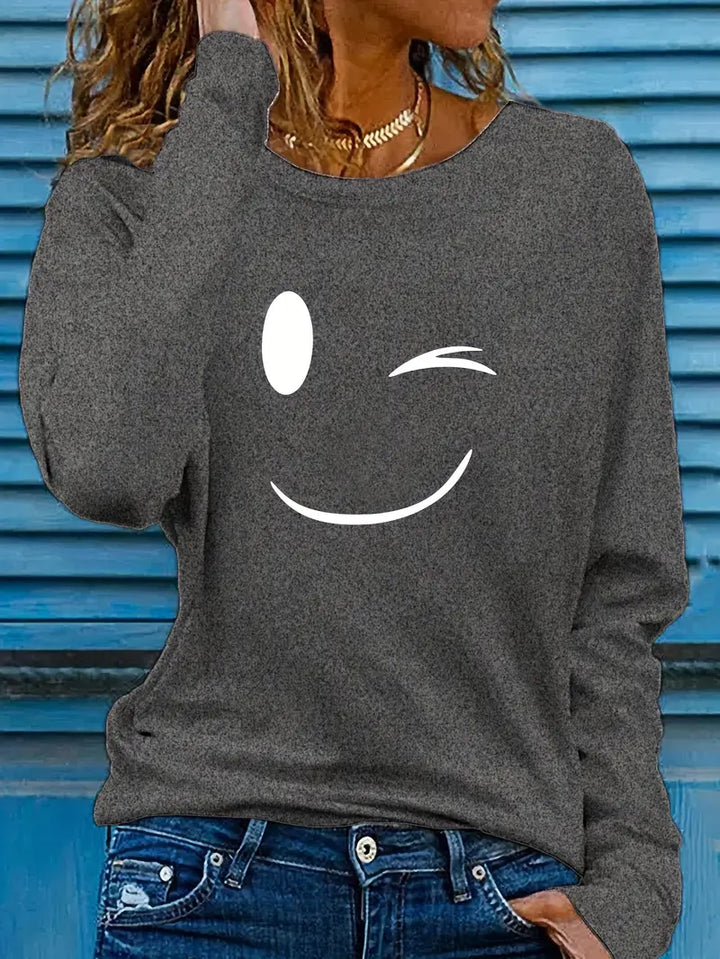 Odalina - Lässiges T-Hemd Mit Smiley Zwinkern Aufdruck