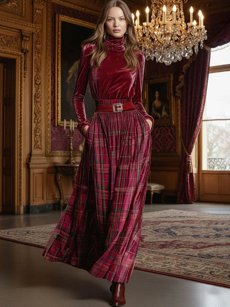 Nivaeh – Festliches Retro-Set mit Rollkragenpullover und kariertem Rock