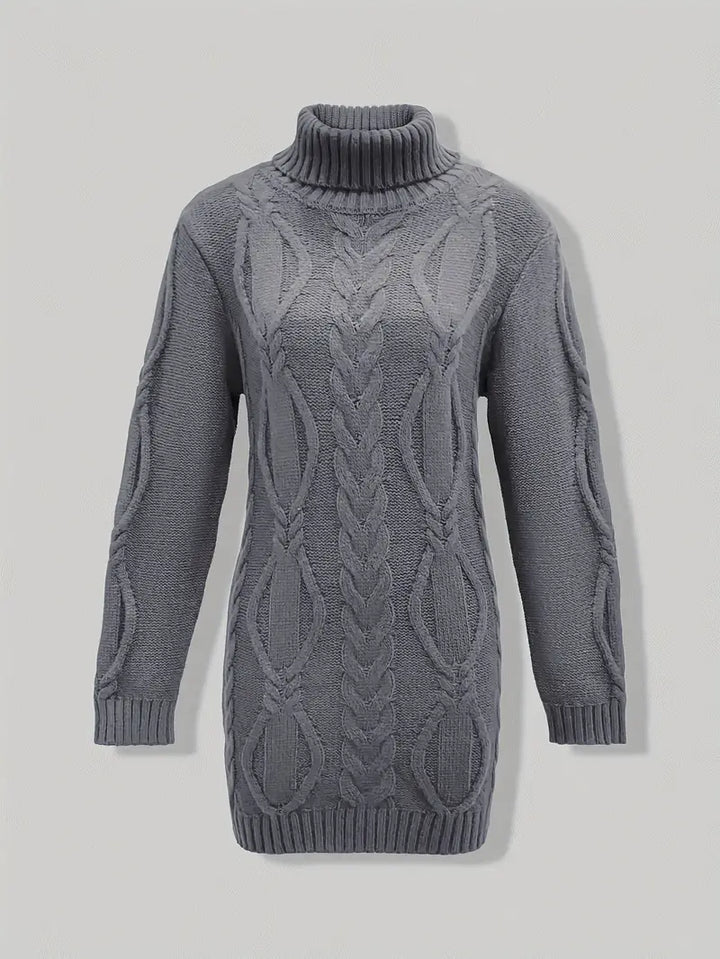 Narda - Klobig Kabel Gestrickt Rollkragen Kleid