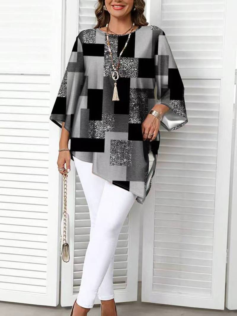 Nurit - Karierte Oversize Bluse Mit Kurzarm Und Drucken