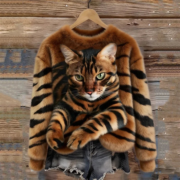 Jules – Weiches Plüsch Sweatshirt Mit Tabby Katzen Und Tiger Muster