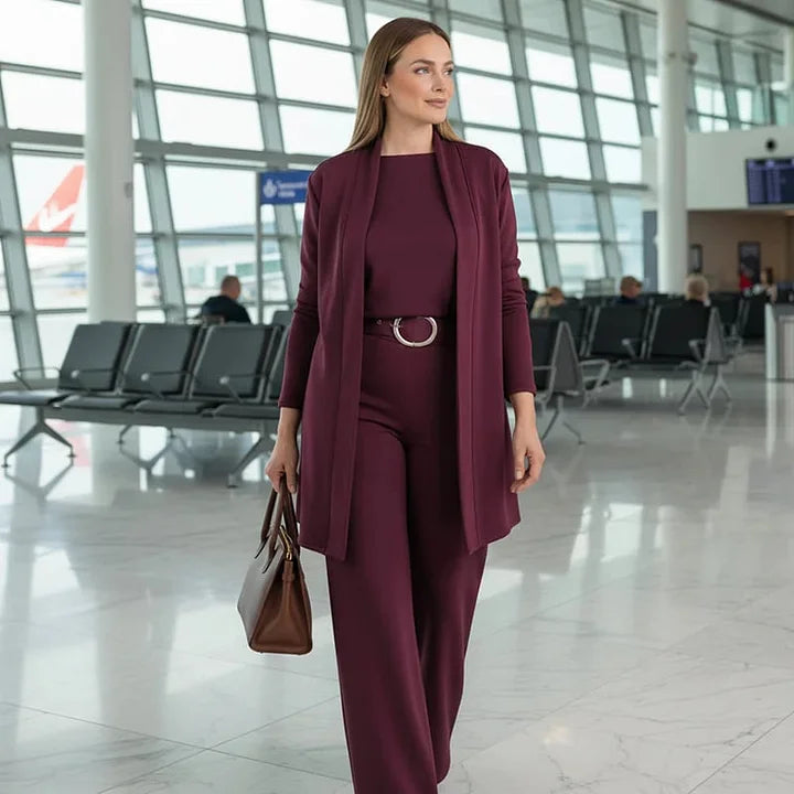 Zivara - Elegantes 3-Teiliges Set Mit Langem Cardigan Oberteil Und Hose