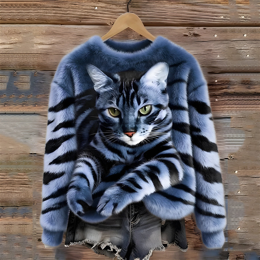 Zohara – Kunstfellpullover Mit Katzenprint