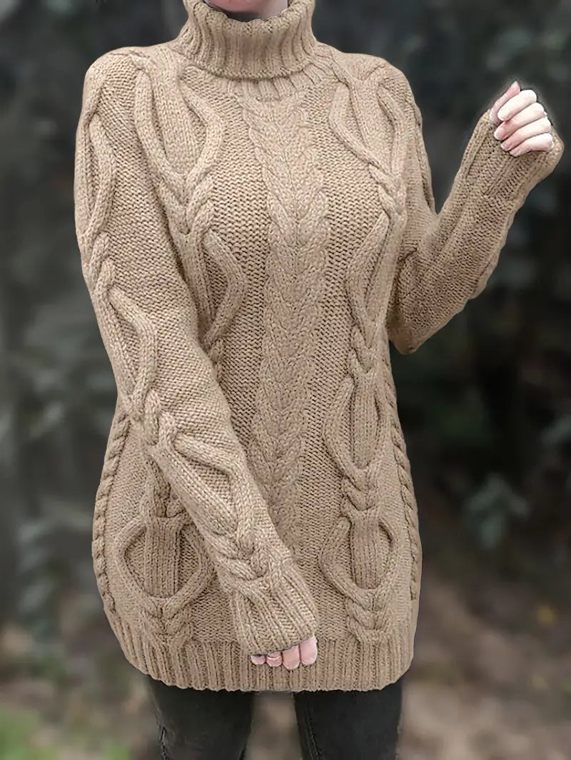 Narda - Klobig Kabel Gestrickt Rollkragen Kleid