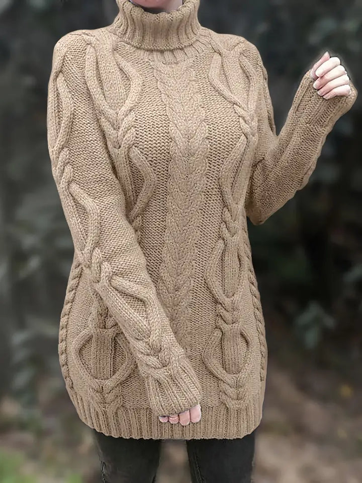 Narda - Klobig Kabel Gestrickt Rollkragen Kleid